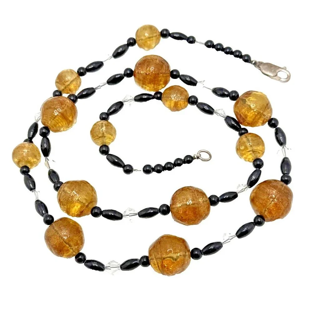 Lampwork Glass Bead Necklace Amber Black Crystal 925 Sterling Silver Clasp 26